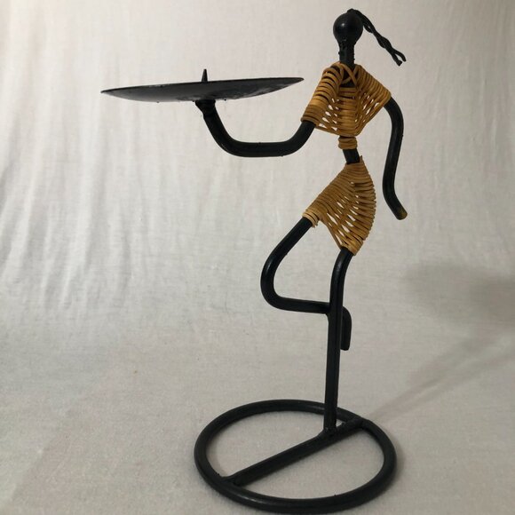 Tribal Art Candle Holder – Vintage Black Wrought Iron with Rattan Figure - Picture 2 of 6